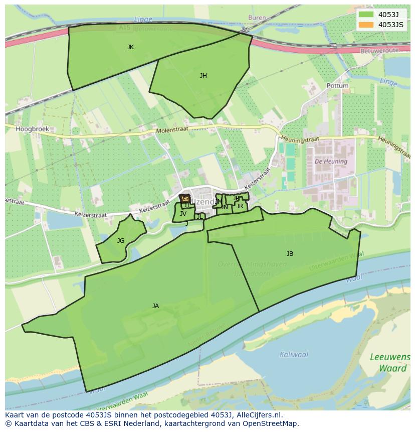 Afbeelding van het postcodegebied 4053 JS op de kaart.
