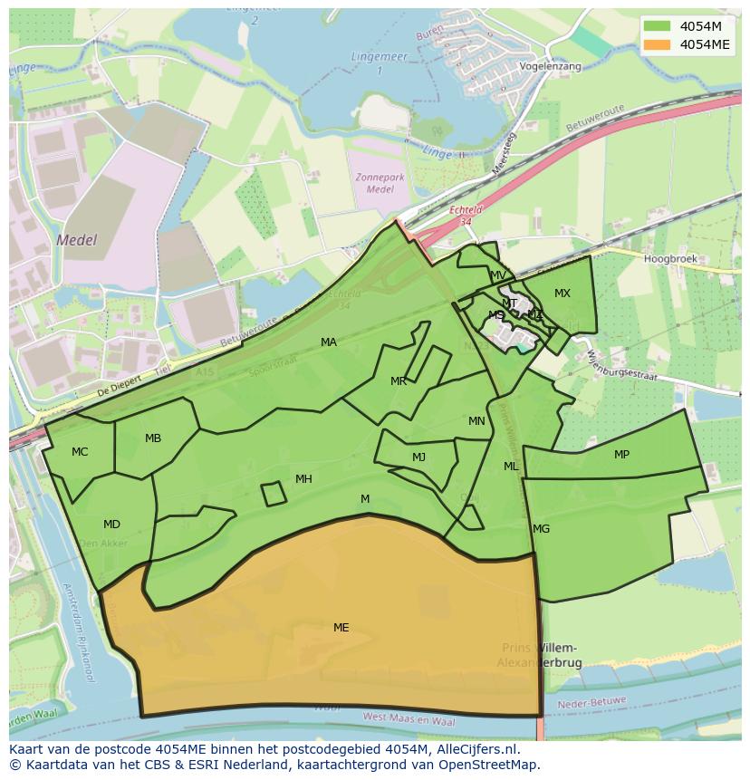 Afbeelding van het postcodegebied 4054 ME op de kaart.