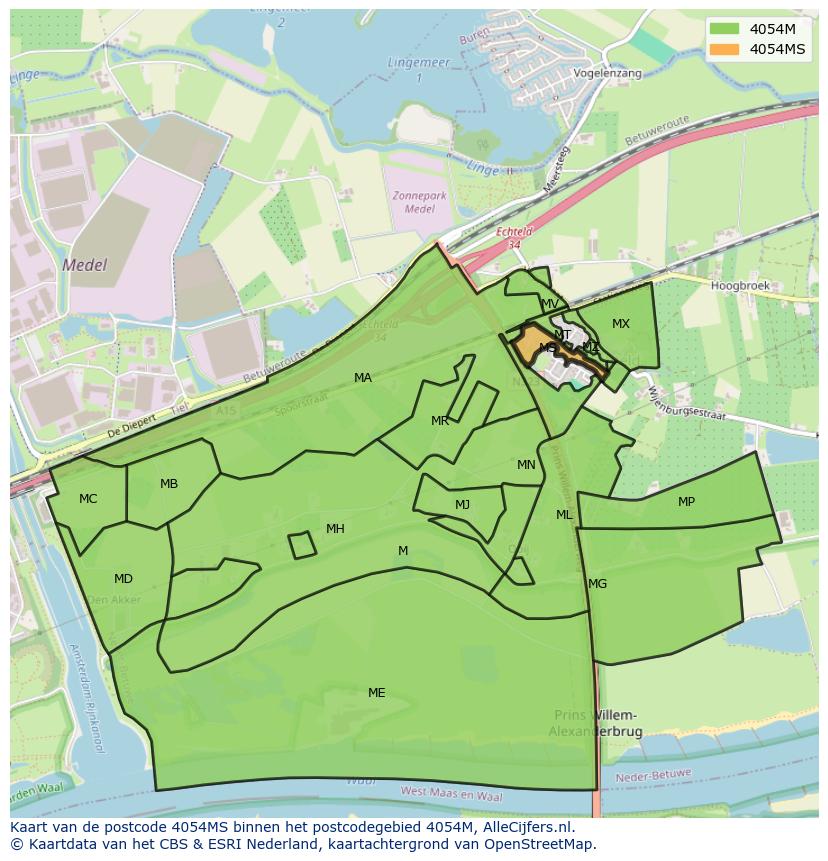 Afbeelding van het postcodegebied 4054 MS op de kaart.