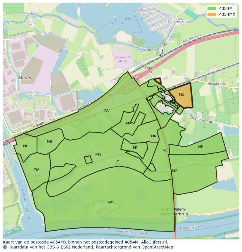 Afbeelding van het postcodegebied 4054 MX op de kaart.