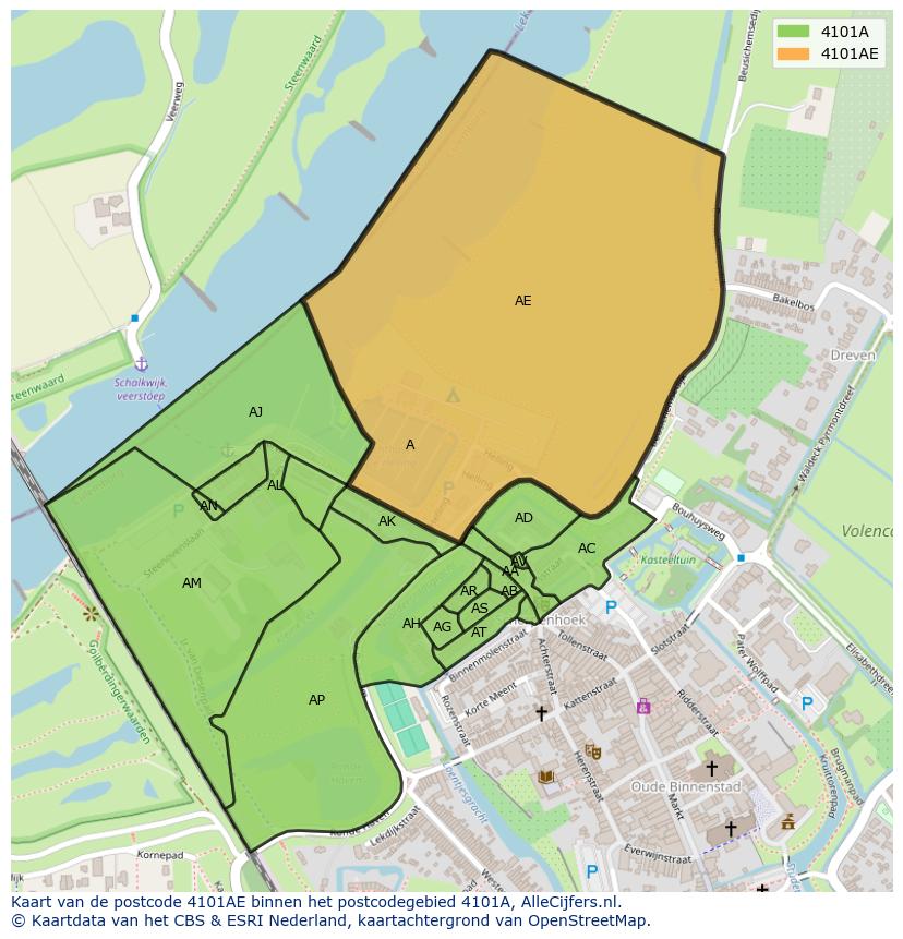 Afbeelding van het postcodegebied 4101 AE op de kaart.