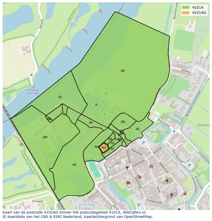 Afbeelding van het postcodegebied 4101 AG op de kaart.