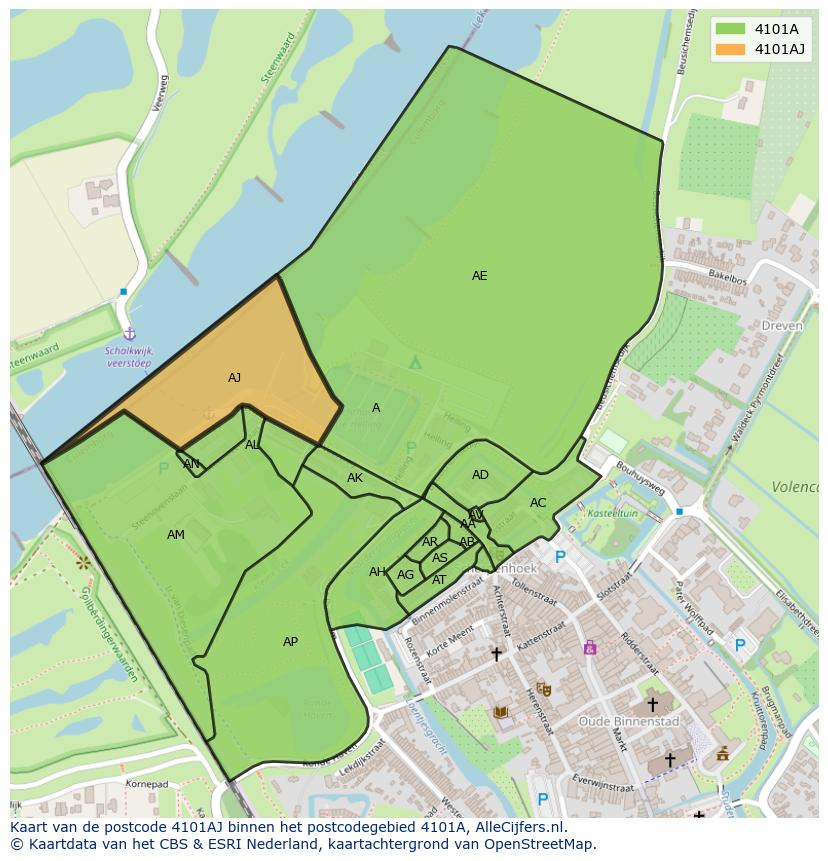 Afbeelding van het postcodegebied 4101 AJ op de kaart.