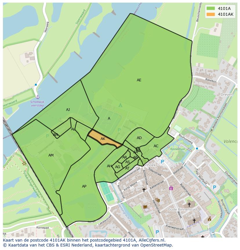 Afbeelding van het postcodegebied 4101 AK op de kaart.