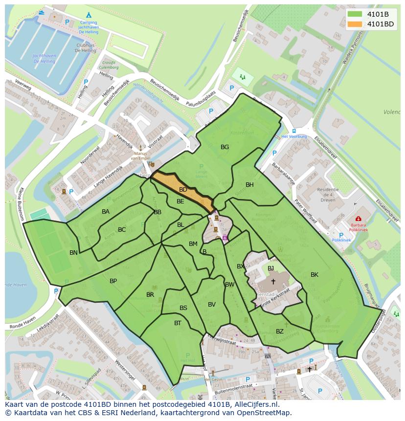 Afbeelding van het postcodegebied 4101 BD op de kaart.