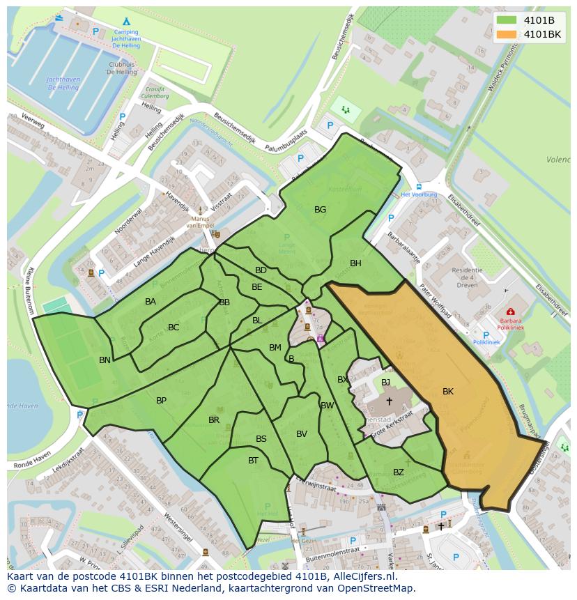 Afbeelding van het postcodegebied 4101 BK op de kaart.