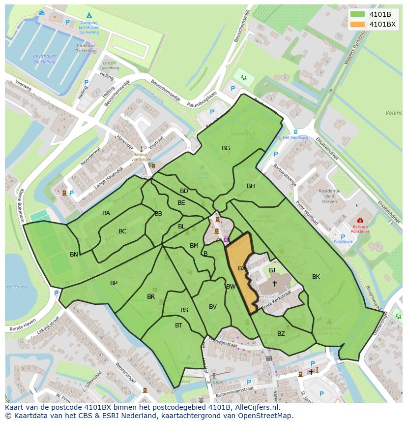 Afbeelding van het postcodegebied 4101 BX op de kaart.