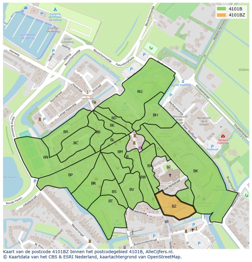 Afbeelding van het postcodegebied 4101 BZ op de kaart.