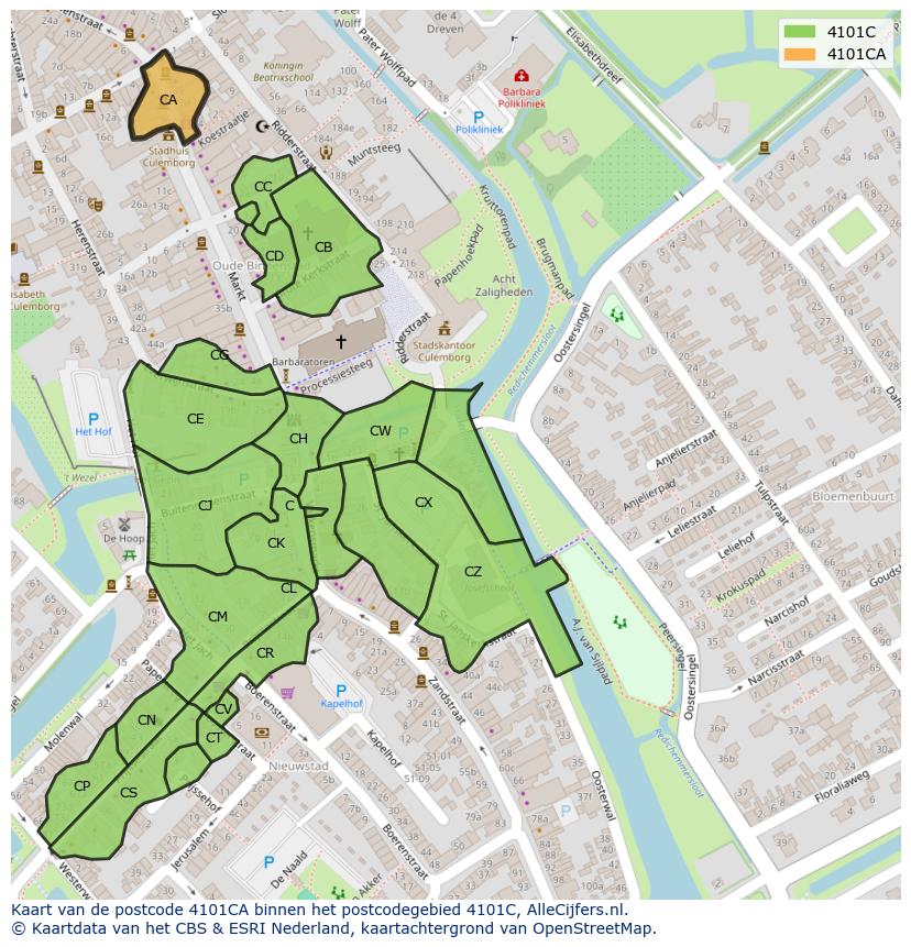 Afbeelding van het postcodegebied 4101 CA op de kaart.