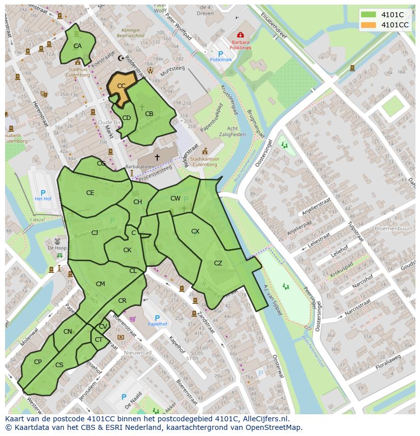 Afbeelding van het postcodegebied 4101 CC op de kaart.