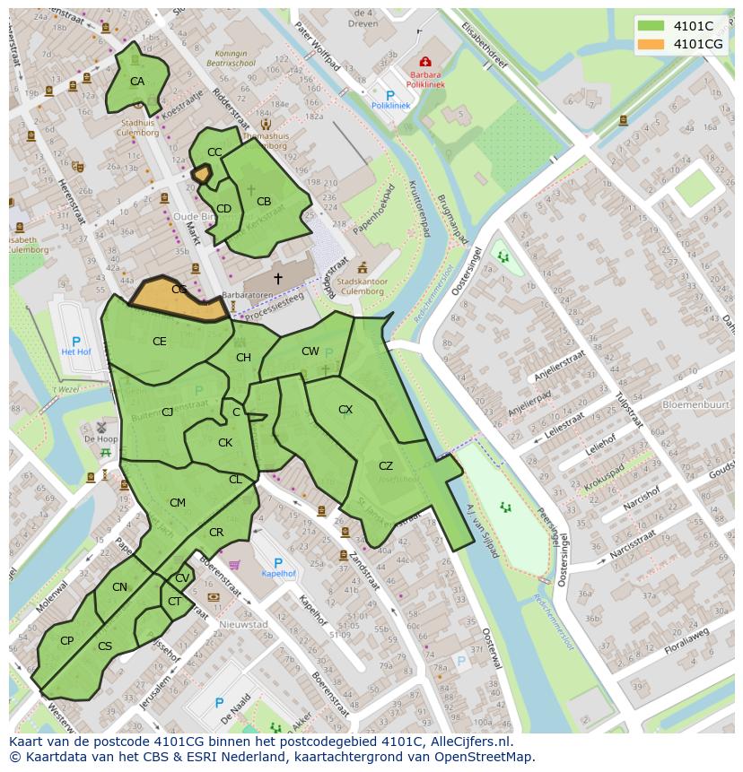 Afbeelding van het postcodegebied 4101 CG op de kaart.