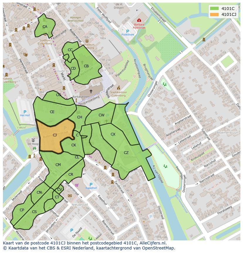 Afbeelding van het postcodegebied 4101 CJ op de kaart.