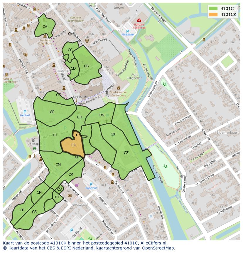 Afbeelding van het postcodegebied 4101 CK op de kaart.