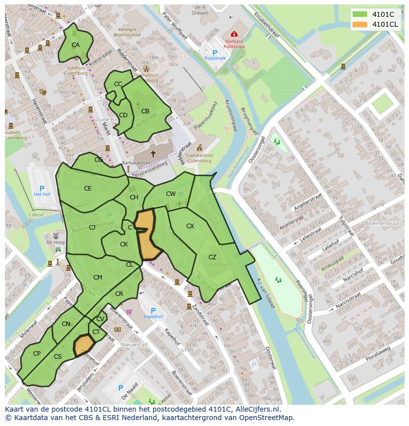 Afbeelding van het postcodegebied 4101 CL op de kaart.