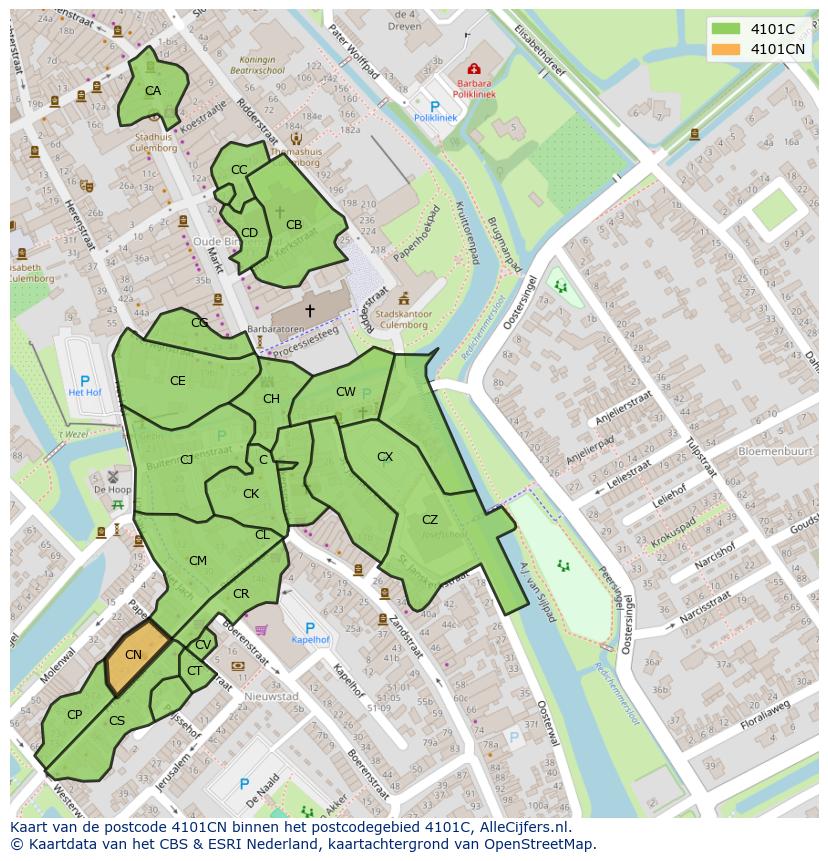 Afbeelding van het postcodegebied 4101 CN op de kaart.