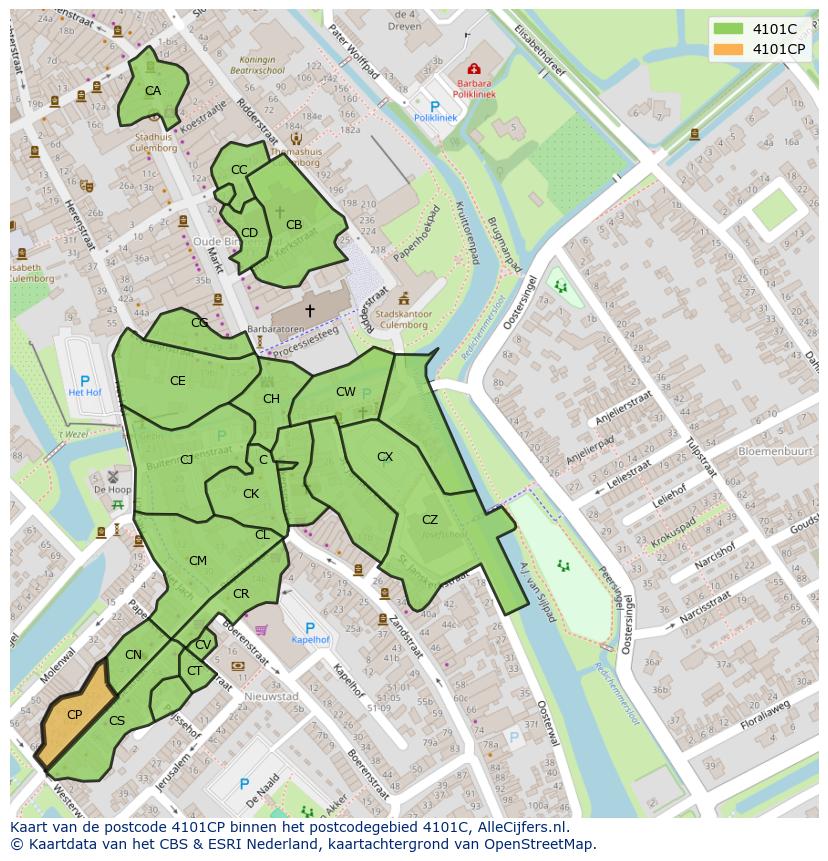 Afbeelding van het postcodegebied 4101 CP op de kaart.