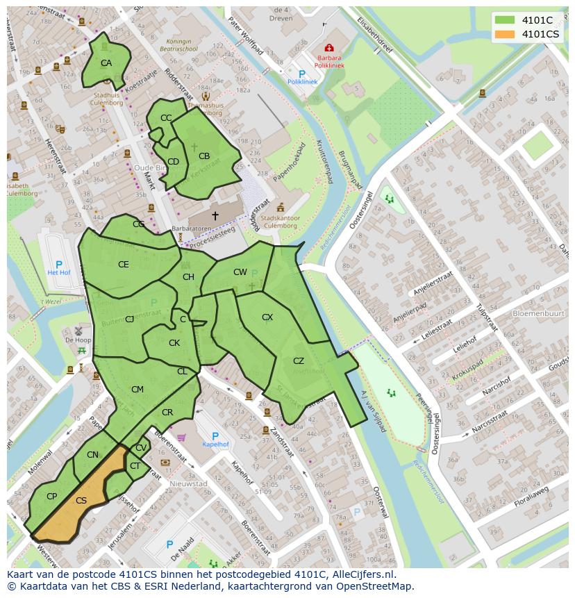 Afbeelding van het postcodegebied 4101 CS op de kaart.
