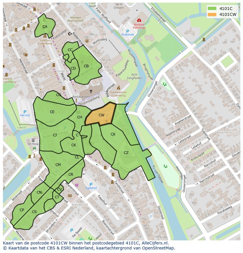 Afbeelding van het postcodegebied 4101 CW op de kaart.