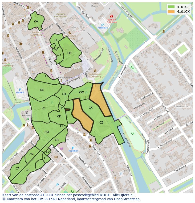 Afbeelding van het postcodegebied 4101 CX op de kaart.