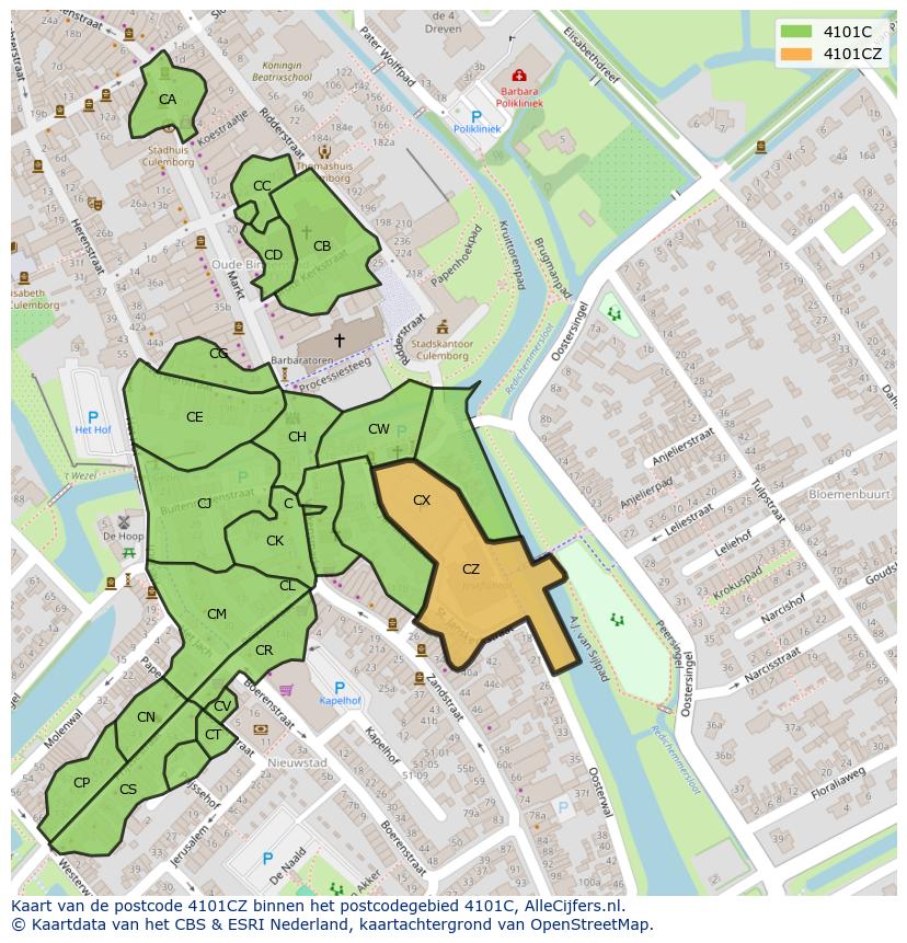 Afbeelding van het postcodegebied 4101 CZ op de kaart.