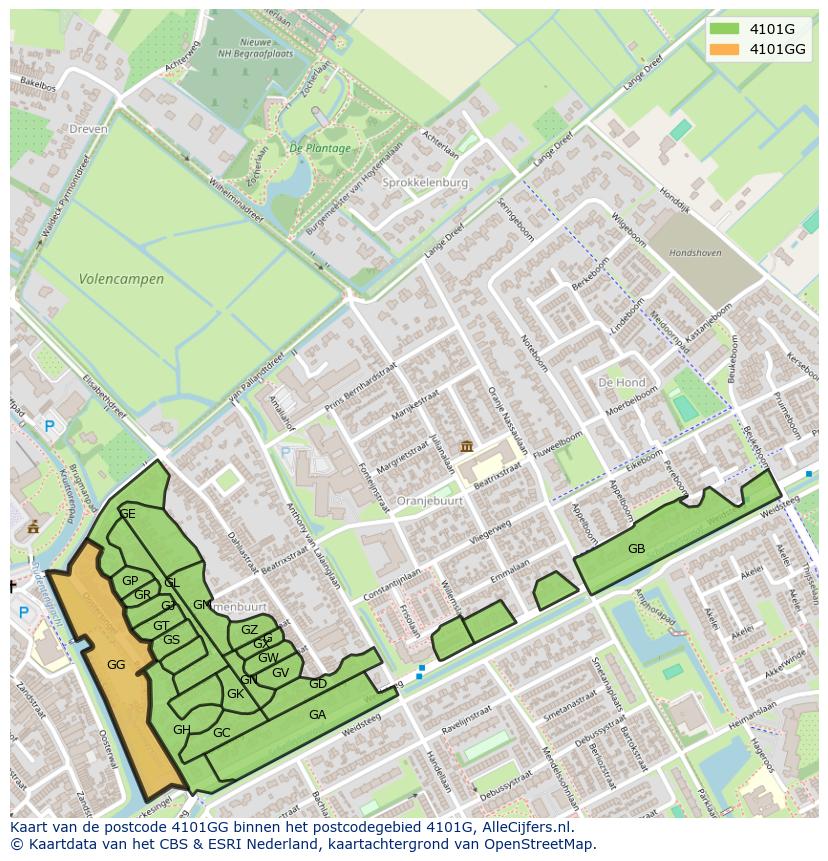 Afbeelding van het postcodegebied 4101 GG op de kaart.