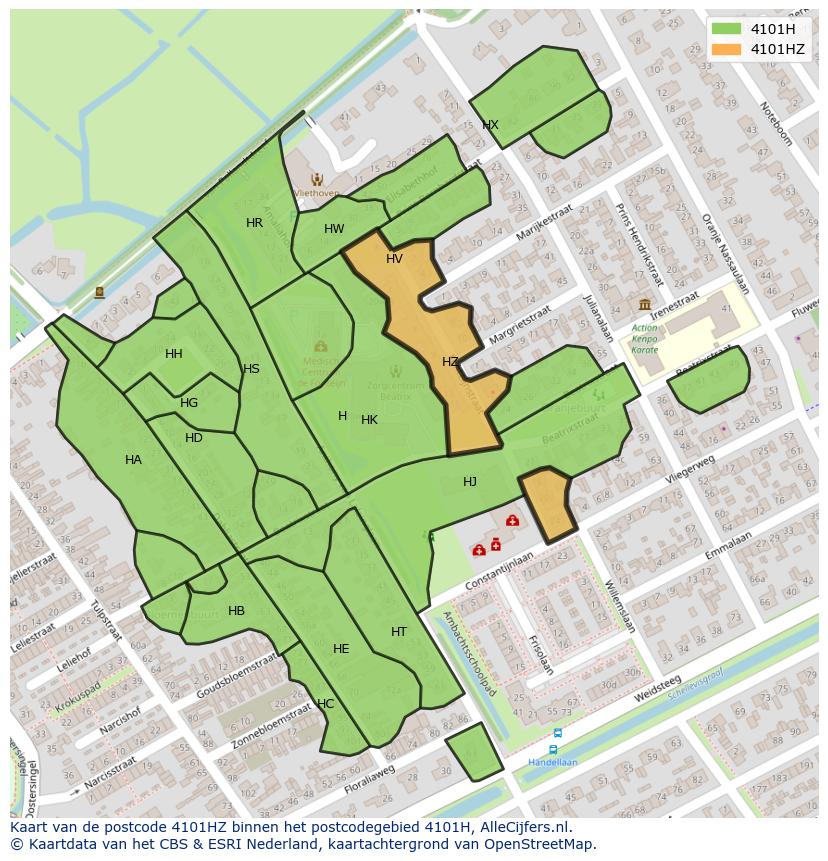 Afbeelding van het postcodegebied 4101 HZ op de kaart.