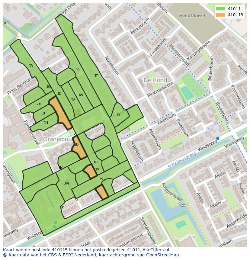 Afbeelding van het postcodegebied 4101 JB op de kaart.