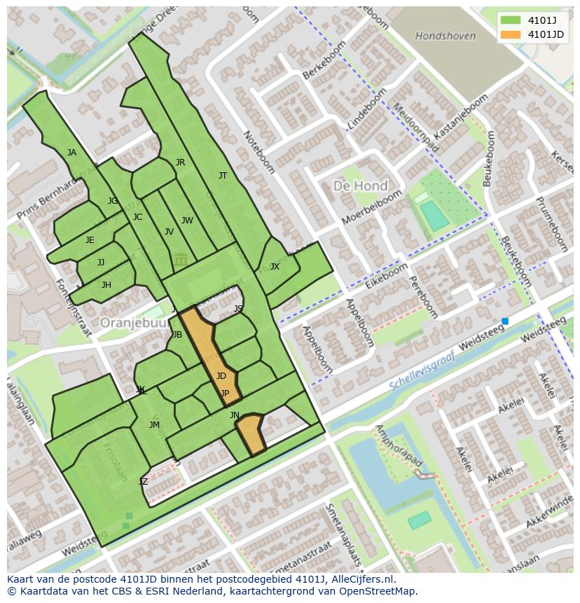 Afbeelding van het postcodegebied 4101 JD op de kaart.