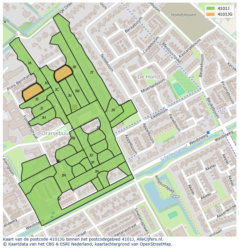 Afbeelding van het postcodegebied 4101 JG op de kaart.
