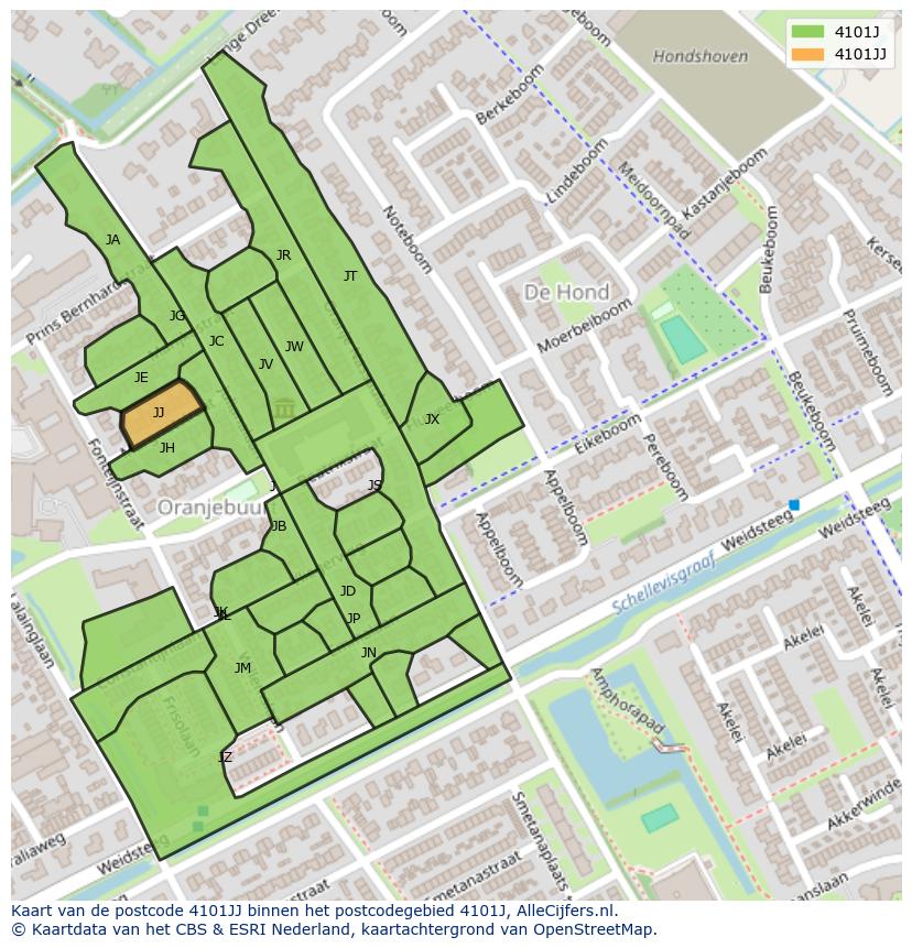Afbeelding van het postcodegebied 4101 JJ op de kaart.