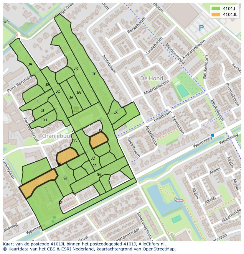 Afbeelding van het postcodegebied 4101 JL op de kaart.