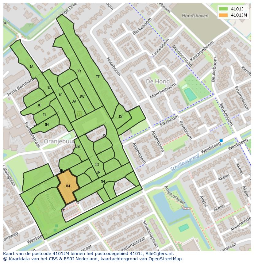 Afbeelding van het postcodegebied 4101 JM op de kaart.