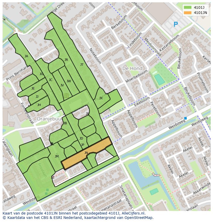 Afbeelding van het postcodegebied 4101 JN op de kaart.