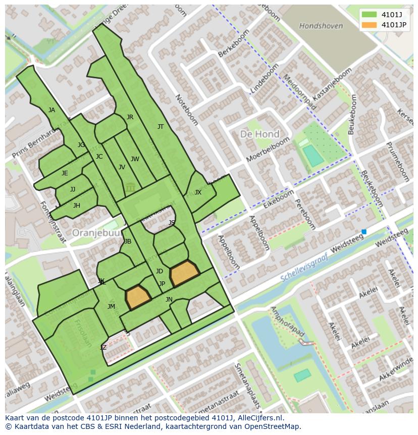 Afbeelding van het postcodegebied 4101 JP op de kaart.