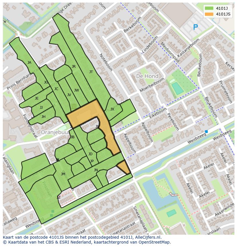Afbeelding van het postcodegebied 4101 JS op de kaart.