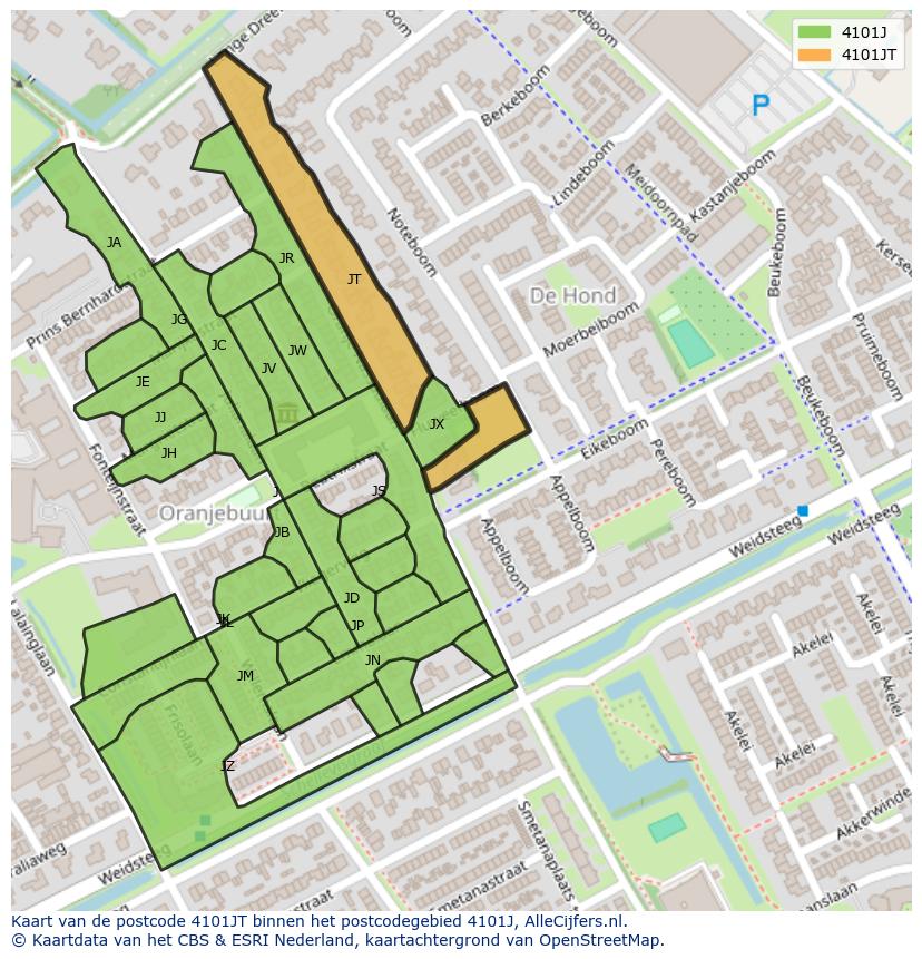 Afbeelding van het postcodegebied 4101 JT op de kaart.