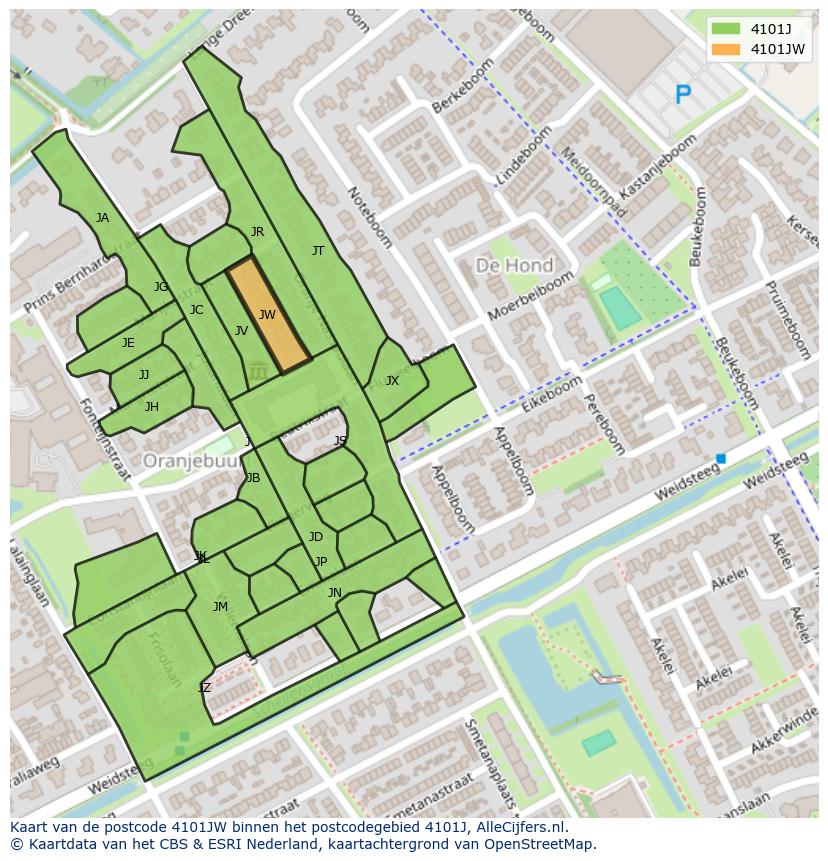 Afbeelding van het postcodegebied 4101 JW op de kaart.