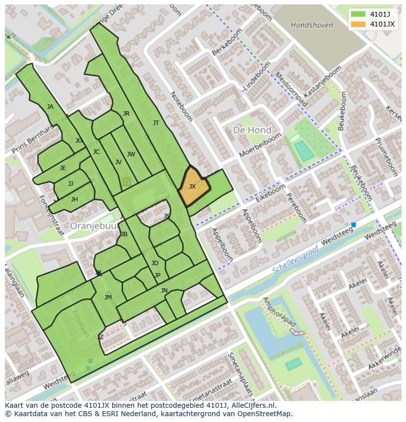 Afbeelding van het postcodegebied 4101 JX op de kaart.