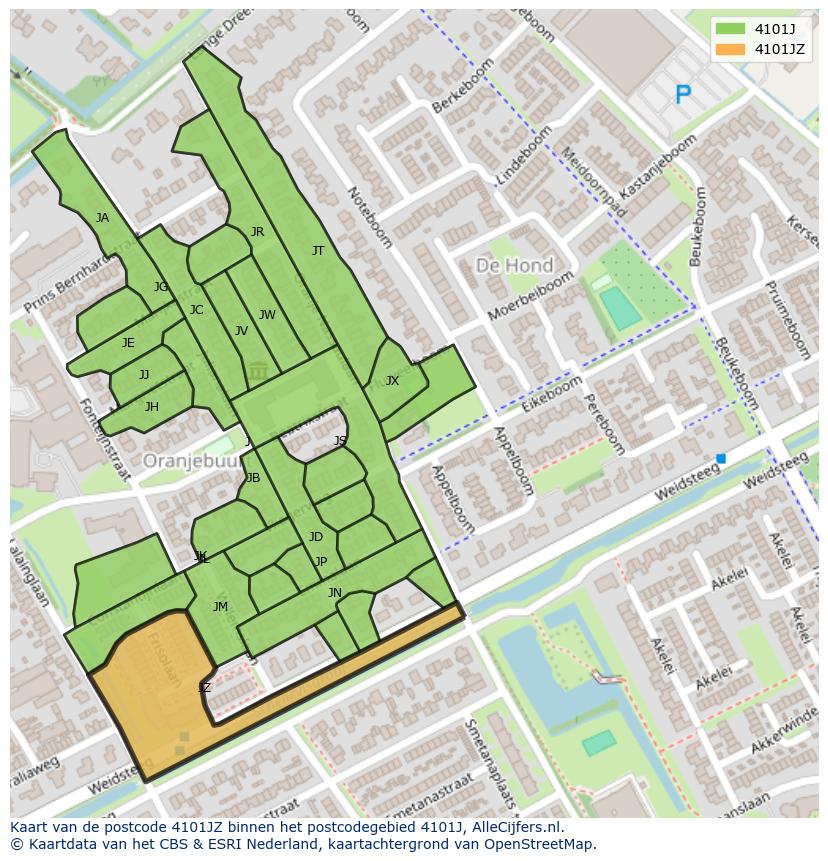 Afbeelding van het postcodegebied 4101 JZ op de kaart.