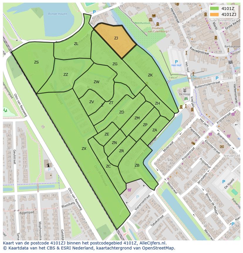 Afbeelding van het postcodegebied 4101 ZJ op de kaart.