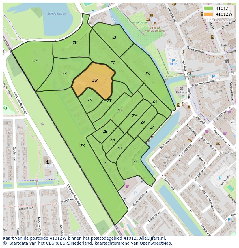Afbeelding van het postcodegebied 4101 ZW op de kaart.
