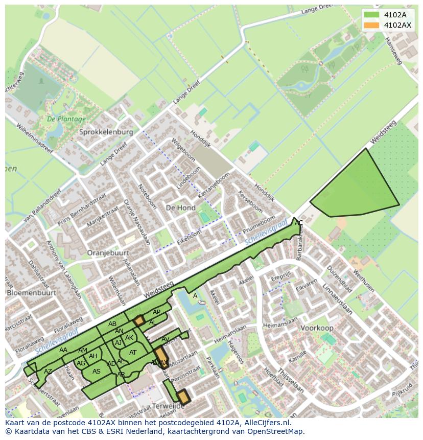 Afbeelding van het postcodegebied 4102 AX op de kaart.