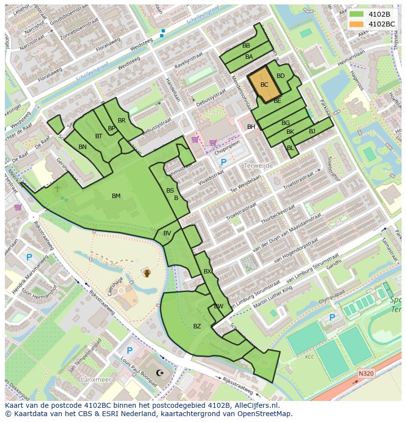 Afbeelding van het postcodegebied 4102 BC op de kaart.
