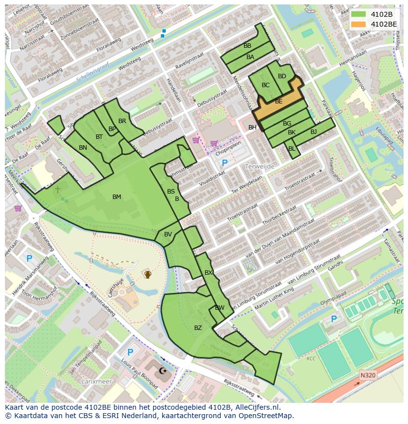 Afbeelding van het postcodegebied 4102 BE op de kaart.