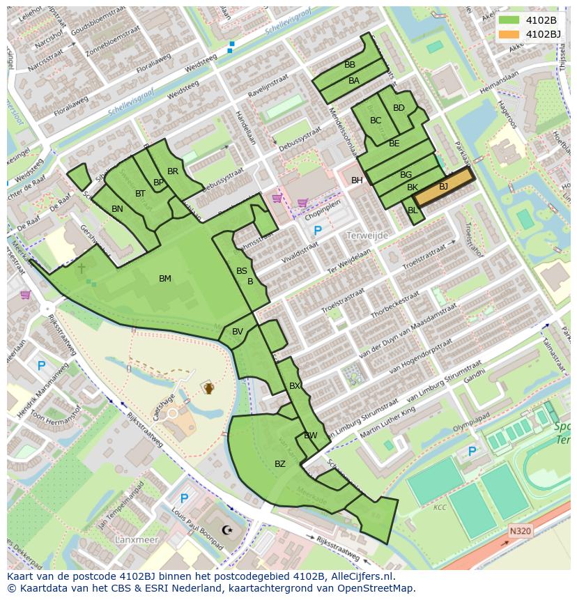 Afbeelding van het postcodegebied 4102 BJ op de kaart.