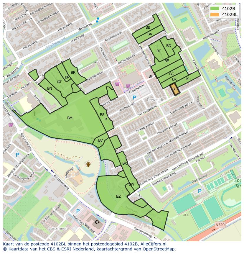 Afbeelding van het postcodegebied 4102 BL op de kaart.