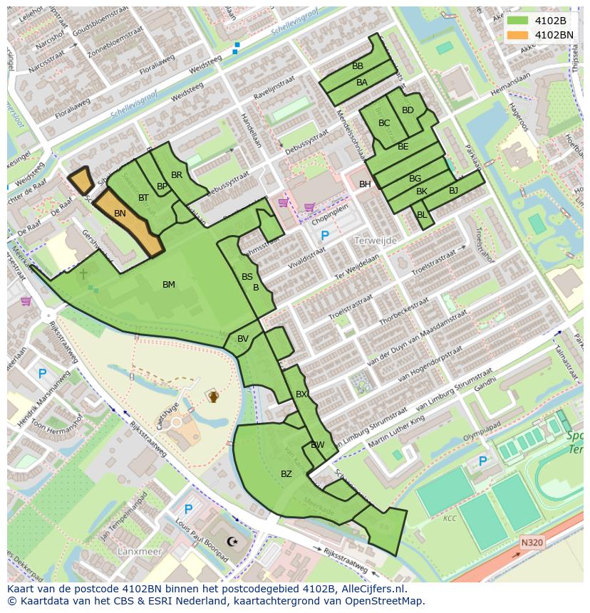 Afbeelding van het postcodegebied 4102 BN op de kaart.