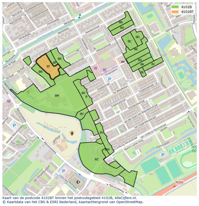 Afbeelding van het postcodegebied 4102 BT op de kaart.