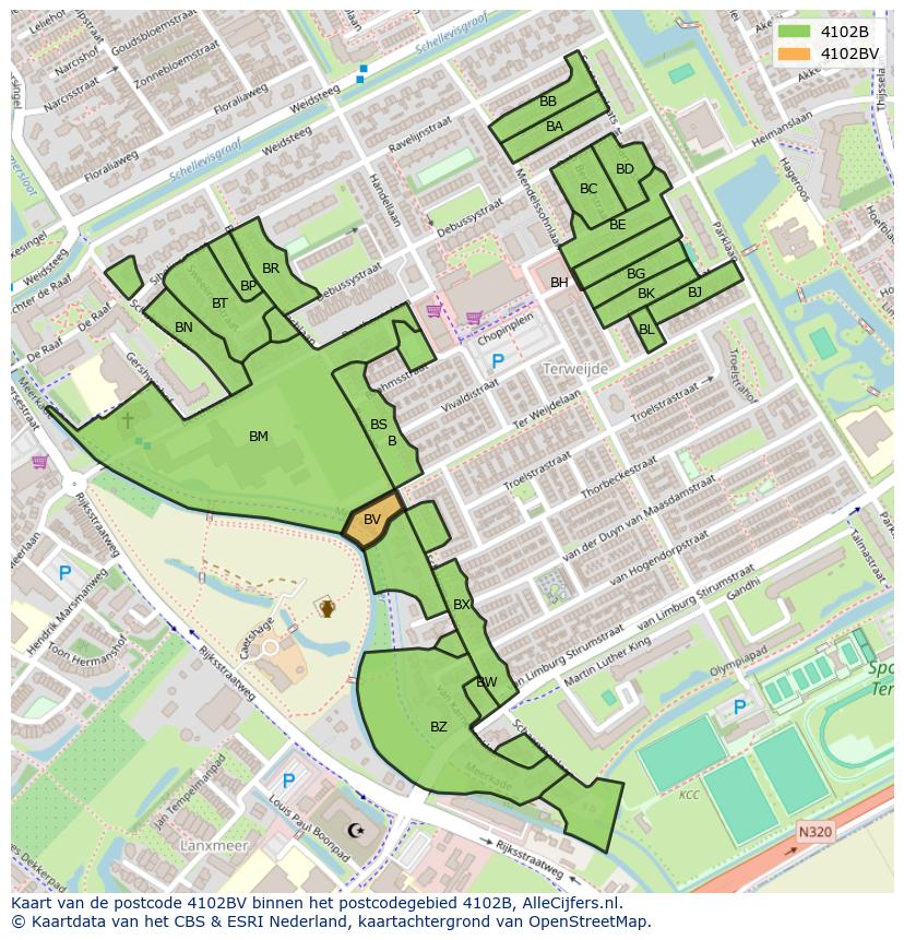 Afbeelding van het postcodegebied 4102 BV op de kaart.