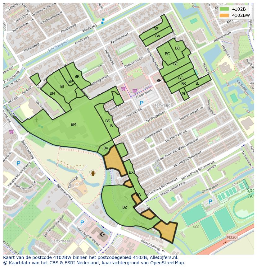 Afbeelding van het postcodegebied 4102 BW op de kaart.